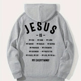 kkboxly  Men's Jesus Is My Everything Print Hoodie With Assorted Colors, Casual Slightly Stretch Drawstring Long Sleeves Hooded Sweatshirt, Men's Clothing