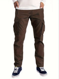 kkboxly  Men's Stylish Solid Cargo Jogger With Pockets, Causal Breathable Drawstring Men's Bottom Clothing For City Walk Street Hanging Outdoor Activities