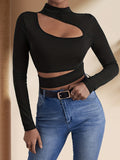 kkboxly  Cut Out Slim T-shirt, Sexy Stand Collar Long Sleeve Solid T-shirt, Women's Clothing