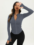kkboxly  Black Full-zipper Yoga Jacket, Long Sleeve Hollow Out Slim Fitted Sports Top, Women's Activewear