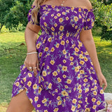 kkboxly  Plus Size Casual Dress, Women's Plus Floral Print Shirred Lettuce Trim Off Shoulder Smock Dress