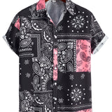 kkboxly Paisley Print Men's Casual Short Sleeve Mismatch Shirt, Men's Shirt For Summer Vacation Resort