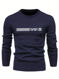 All Match Knitted Sweater, NASA Pattern Men's Casual Warm Mid Stretch Crew Neck Pullover Sweater For Men Fall Winter