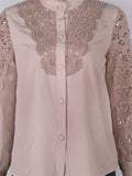 kkboxly Women's Blouse Lace Crochet Lapel Button Flare Sleeve Elegant Top Blouse