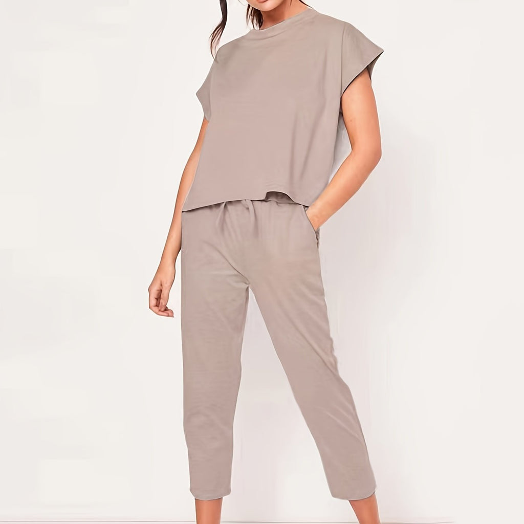 kkboxly  Casual Solid Pantsuits Two-piece Set, Short Sleeve Round Neck Tops & Drawstring Cropped Pants Set, Women's Clothing