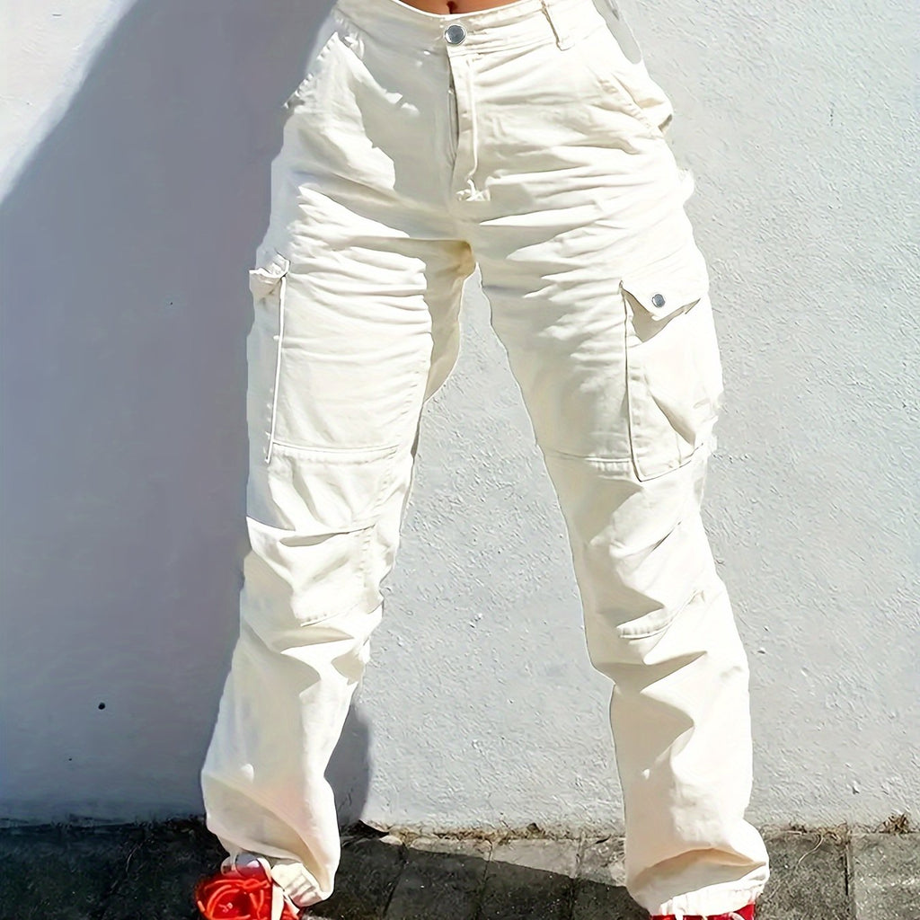 kkboxly  Flap Pockets High Waist Cargo Pants, High Rise Straight Legs Denim Pants, Y2K & Kpop Style, Women's Denim Jeans & Clothing