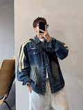 kkboxly  Men's Stylish Stripe Pattern Comfy Denim Jacket With Pockets, Casual Breathable Lapel Button Up Long Sleeve Top For City Walk Street Hanging Outdoor Activities