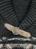 kkboxly  Plus Size Men's Shawl Neck Long Sleeve Jacquard Sweater With Decorated Leather Belt