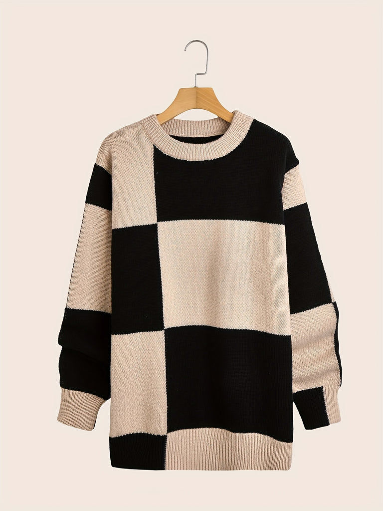 kkboxly  Color Block Chic Knit Sweater, Men's Casual Warm Slightly Stretch Round Neck Pullover Sweater For Fall Winter