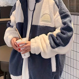 kkboxly  Warm Plush Fleece Jacket, Men's Casual Color Block Stand Collar Jacket Coat For Fall Winter