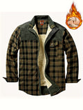 kkboxly  Men's Plaid Print Jacket, Windproof Thermal Patchwork Lapel Winter Shirt For Men's Winter Outdoor Activities