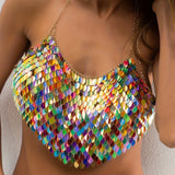 kkboxly  Colorful Sequined Halter Neck Top, Sexy Backless Hanky Hem Crop Club Top, Women's Clothing