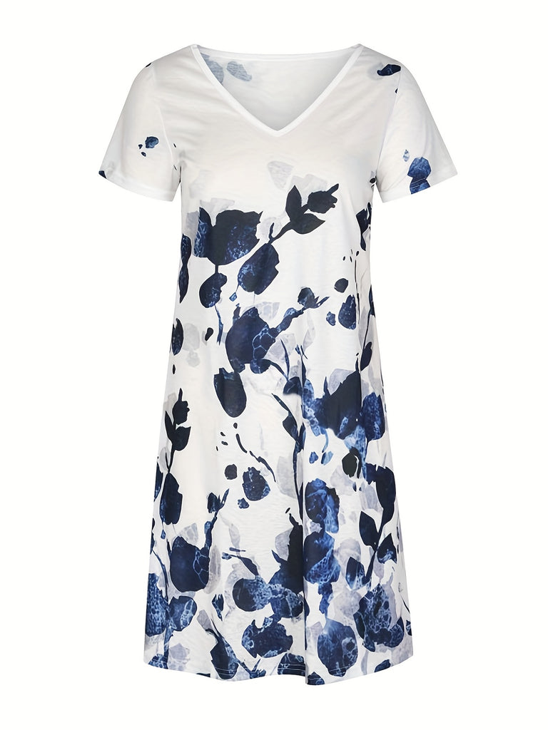 kkboxly  Floral Print V Neck Dress, Casual Short Sleeve Dress For Spring & Summer, Women's Clothing