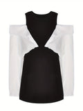kkboxly  Color Block Cold Shoulder Dress, Stylish Cuff Sleeve Crew Neck Mini Dress, Women's Clothing