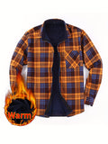 kkboxly  Men's Casual Plaid Pattern Men's Long Sleeved Plus Fleece Shirt With Chest Pocket, Men's Plush Thick warm Button Shirt For Autumn And Winter