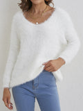 kkboxly  Solid Fuzzy Knit Sweater, Elegant V Neck Long Sleeve Sweater For Fall & Winter, Women's Clothing