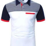 kkboxly  Stripe Pattern Casual Mid Stretch Button Up Short Sleeve Polo Shirt, Men's POLO For Summer