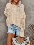 kkboxly  Contrast Lace Eyelet Knit Sweater, Casual Crew Neck Long Sleeve Sweater, Women's Clothing