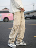 kkboxly Solid Color Men's Trendy Long Cargo Pants With Flap Pockets And Zipper Design, All Seasons Outdoor