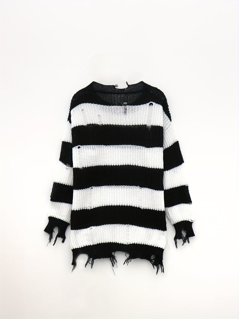 kkboxly  Y2K Striped Crew Neck Ripped Sweater, Long Sleeve Raw Trim Loose Sweater For Spring & Fall, Women's Clothing