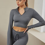 kkboxly  Women's Activewear: Fashionable Solid Color Half Zipper Yoga Sports Top with Stretchy Ribbed Knitting for Long Sleeve Fitness Workout Gym Wear