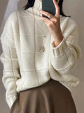 Plaid Turtle Neck Pullover Sweater, Casual Long Sleeve Thick Loose Sweater, Women's Clothing