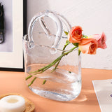 Unique Handbag Shape Glass Vase - 7.7x3.9x10.4in Clear Bag Vase With Handle And Bubbles For Flowers, Centerpieces, Wedding Table Decorations, Christmas Decorations