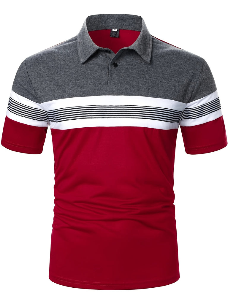 kkboxly  Casual Stripe Color Block Slightly Stretch Button Up Short Sleeve Polo Shirt, Men's POLO For Summer