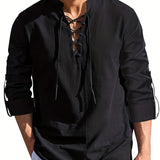 kkboxly  Men's Casual Cotton Linen Shirt Solid Color Drawstring Shirt