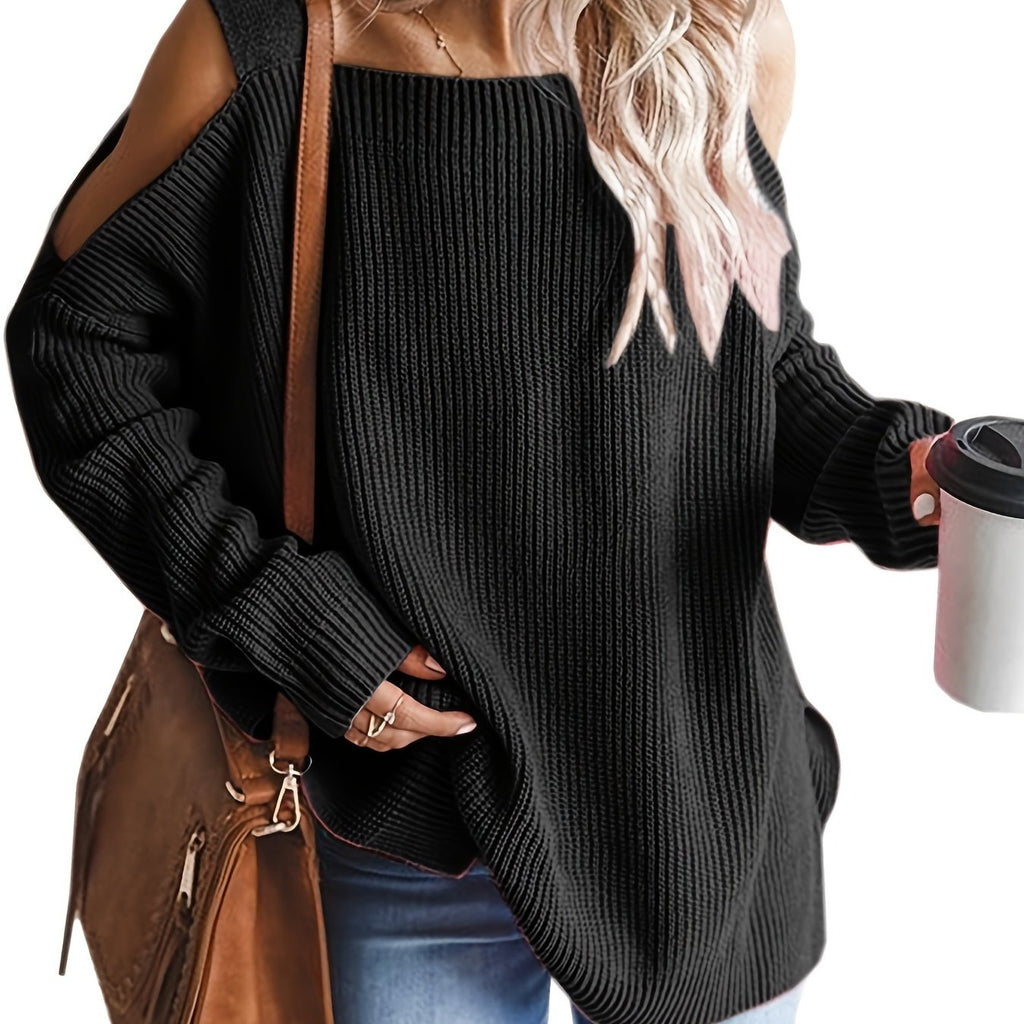 kkboxly  Cold Shoulder Oversized Sweater, Casual Long Sleeve Sweater For Fall & Winter, Women's Clothing