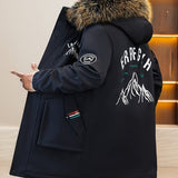 Men's Casual Mountain Print Hooded Warm Thick Jacket, Chic Fleece Lined Coat For Fall Winter