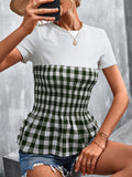 kkboxly  Plaid Two Tone Crew Neck T-shirt,  Gingham Print Contrast Panel Top T-shirt, Women's Clothing
