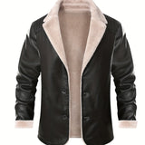 kkboxly Men's Stylish Solid Faux Leather Jacket With Pockets, Active Slightly Stretch Breathable Lapel Zip Up Long Sleeve Fleece Jacket  For Hiking Jogging Cycling Outdoor Fitness Workout