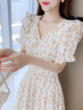 kkboxly  Floral Print Ruffle Hem Dress, Elegant Short Sleeve Dress, Women's Clothing