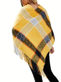 Plaid Pattern Tassel Trim Cape Sweater, Casual Batwing Sleeve Sweater, Women's Clothing