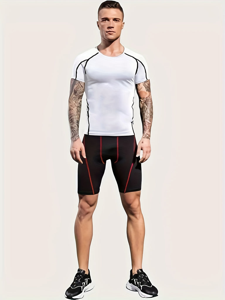 kkboxly  3pcs Men's Solid Compression T-shirt, Active Slightly Stretch Breathable Moisture Wicking Top For Outdoor
