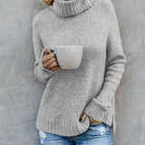 xieyinshe  Solid Turtle Neck Pullover Sweater, Casual Long Sleeve Split Sweater For Fall & Winter, Women's Clothing