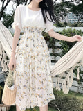 kkboxly  Floral Print Ruffle Trim Dress, Elegant Shirred High Waist Short Sleeve Dress, Women's Clothing