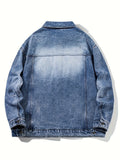 kkboxly  Letter Print Loose Fit Distressed Denim Jacket, Men's Casual Lapel Vintage Style Multi Pocket Denim Jacket Coat For Spring Fall