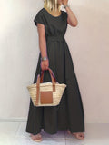 kkboxly  Round Neck Big Swing Dress, Casual Solid Color Belt Waist Summer Solid Trapeze Dresses, Women's Clothing