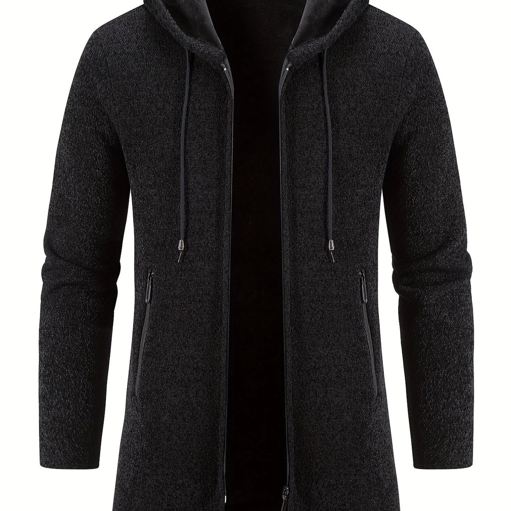kkboxly  Warm Mid-length Hooded Fleece Coat, Men's Comfortable Solid Color Zip Up Knitted Cardigan For Spring Fall
