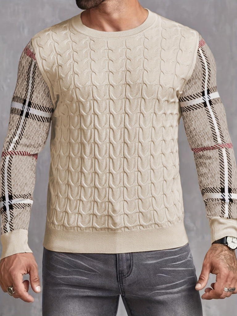 kkboxly  Crew Neck Knitted Sweater, Men's Casual Warm Color Block Plaid Sleeves Slightly Stretch Pullover Sweater For Fall Winter