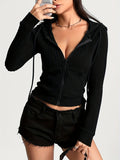 realaiot  Solid Color Zip-up Drawstring Hoodie, Casual Long Sleeve Ribbed Jacket, Women's Clothing