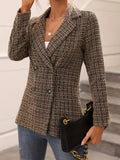 kkboxly  Plaid Double Breasted Lapel Neck Coat, Elegant Long Sleeve Long Length Coat For Fall & Spring, Women's Clothing