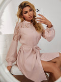 kkboxly  Women's Elegant Lace Asymmetrical Dress, Belted Solid Long Sleeve Dress, Women's Clothing