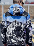 Men's Warm Winter Hooded Jacket, Casual Mountain Pattern Cotton Padded Coat For Outdoor Activities