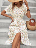 kkboxly  Ditsy Floral Print Dress, Casual Drawstring V Neck Dress, Women's Clothing