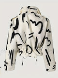 kkboxly  Brush Print Flap Pockets Jacket, Casual Drawstring Zipper Crop Jacket For Spring & Fall, Women's Clothing