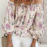 kkboxly  Off Shoulder Floral Print Blouse, Casual Ruffle Trim Blouse, Women's Clothing