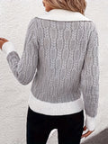 kkboxly  Color Block Cable Knit Pullover Sweater, Casual V Neck Long Sleeve Sweater, Women's Clothing